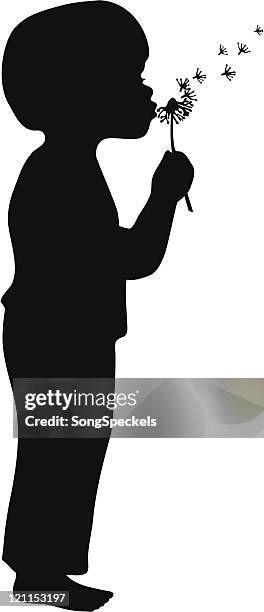 stockillustraties, clipart, cartoons en iconen met boy blowing dandelion flower seeds silhouette - child dandelion