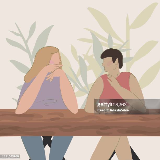 two women’s talking at cafe space - couple talking stock illustrations