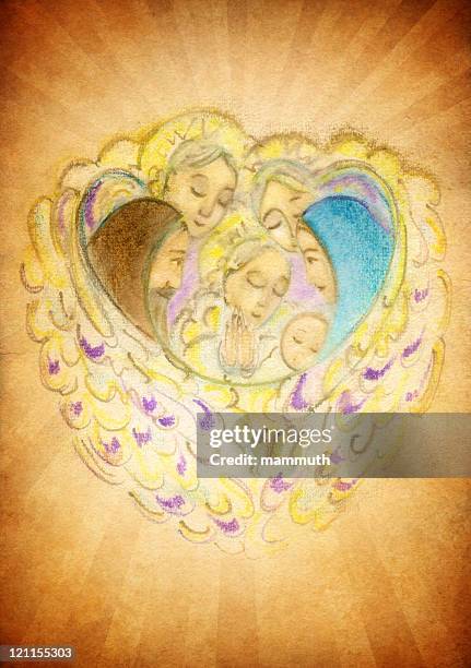 ilustraciones, imágenes clip art, dibujos animados e iconos de stock de sagrada familia con los ángeles - saint joseph