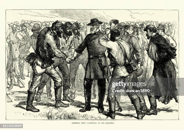 general lee's farewell to his soldier, american civil war - handshakes in history stock illustrations