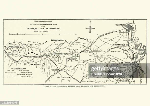 map of confederate army from richmond and petersburg - richmond virginia map stock illustrations