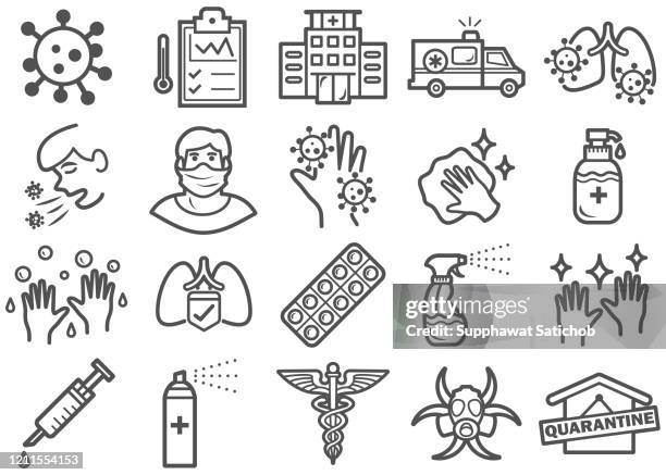 ilustraciones, imágenes clip art, dibujos animados e iconos de stock de conjunto de iconos de línea de prevención de virus - neumonía