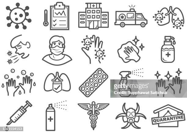 stockillustraties, clipart, cartoons en iconen met pictogrammen viruspreventielijn ingesteld - niezen