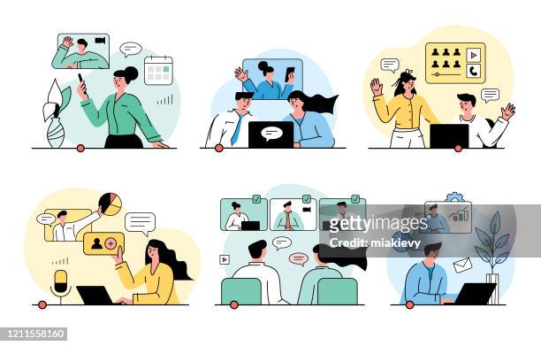 ilustrações, clipart, desenhos animados e ícones de conceito de videoconferência - pessoas