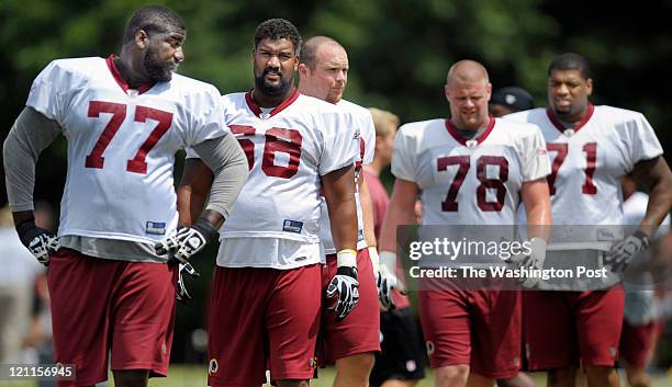 August 14 : Redskins' starting offensive line, L to R: offensive tackle Jammal Brown , guard Chris Chester , center Will Montgomery , guard Kory...