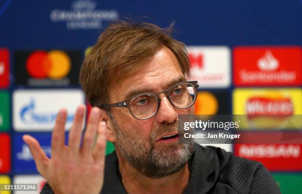 Jurgen Klopp, Manager of Liverpool speaks to the media during the Liverpool FC press conference at Anfield on March 10, 2020 in Liverpool, United...