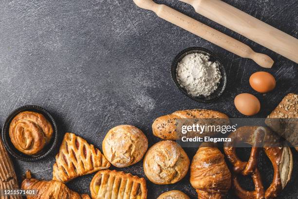 pastries, eggs, rolling pin and flour - soft bread roll stock pictures, royalty-free photos & images