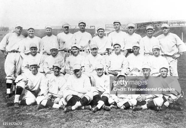 Portrait of members of the Boston Red Sox baseball team as they pose during spring training, Hot Springs, Arkansas, March 1915. Among those pictured...