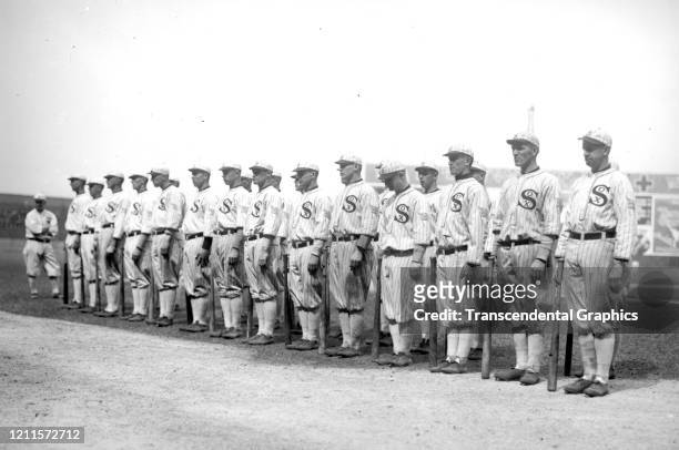 Portrait of members of the Chicago White Sox baseball team as they stand in a line at Comiskey Park, Chicago, Illinois, 1919.