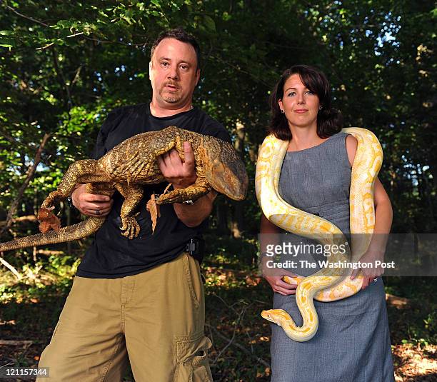 Sean Masciandaro, a reptile specialist and his attorney Antigone Peyton pose for a portrait with Sean's African Black Throat Monitor named D-Bo and...