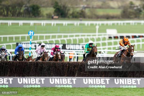 Aidan Coleman riding Put The Kettle On clear the second last to win The Racing Post Arkle Challenge Trophy Novices' Chase on Champion Day at...