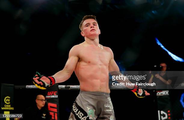 Paul Hughes acknowledges his supporters after winning his bout on Cage Warriors 112 on March 7, 2020 in Manchester, England.