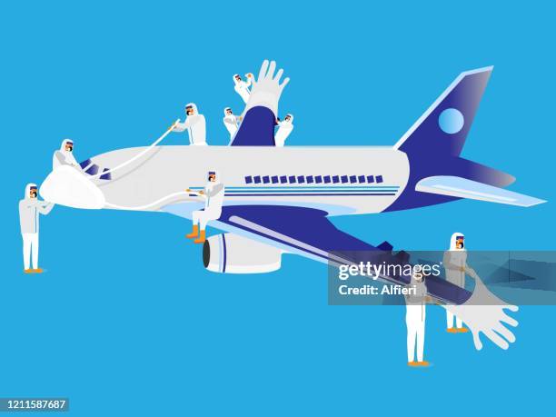 medical professionals fit protective gloves and mask onto a commercial airplane to protect it from virus. - antibiotic resistant stock illustrations