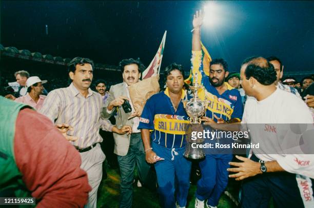 Arjuna Ranatunga and Asanka Gurusinha with the Cricket World Cup trophy after Sri Lanka beat Australia in the final, Lahore, 17th March 1996.