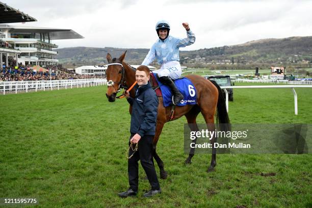 Honeysuckle ridden by Rachael Blackmore celebrate winning the Close Brothers Mares' Hurdle at Cheltenham Racecourse on March 10, 2020 in Cheltenham,...