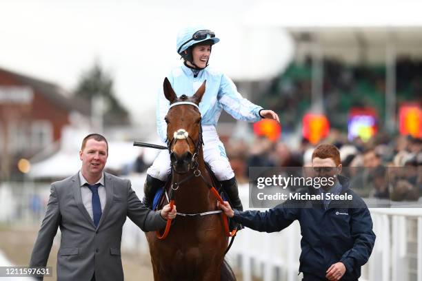 Honeysuckle ridden by Rachael Blackmore celebrates winning the Close Brothers Mares' Hurdle at Cheltenham Racecourse on March 10, 2020 in Cheltenham,...