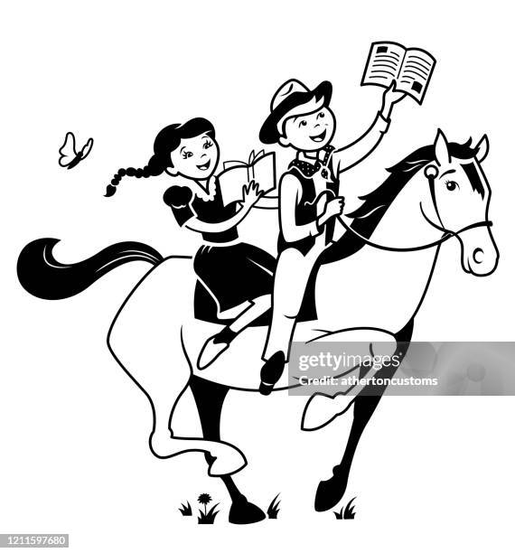 saddle up and read - cowgirl riding stock illustrations