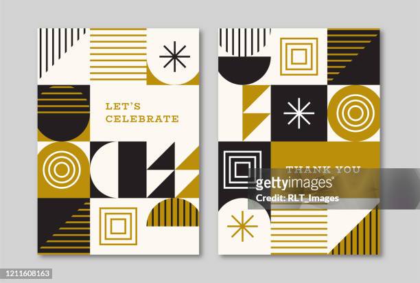 greeting card designs with retro midcentury geometric graphics - thank you stock illustrations