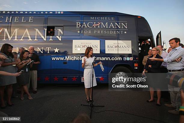 Republican presidential candidate Minnesota congresswoman Michele Bachmann takes questions as she leaves the Black Hawk County GOP Lincoln Day Dinner...