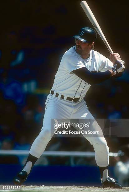 Outfielder Kirk Gibson of the Detroit Tigers bats during an MLB baseball game circa 1984 at Tiger Stadium in Detroit, Michigan. Gibson played for the...