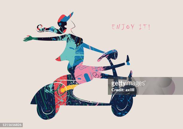 ilustraciones, imágenes clip art, dibujos animados e iconos de stock de vespa, mujer, scooter, conducción, diversión - ilustración vectorial - moped