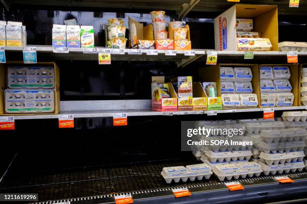 Egg shelves are partially empty at a Save Mart supermarket during the Covid-19-Coronavirus emergency in Porterville.