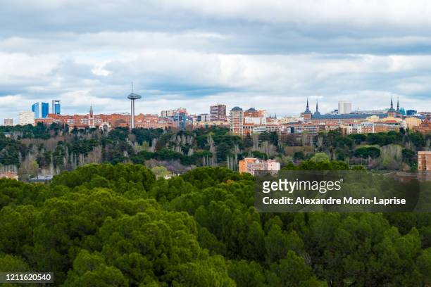 view of the city, vegetation, architecture, land and culture in madrid / spain - madrid aerial stock pictures, royalty-free photos & images