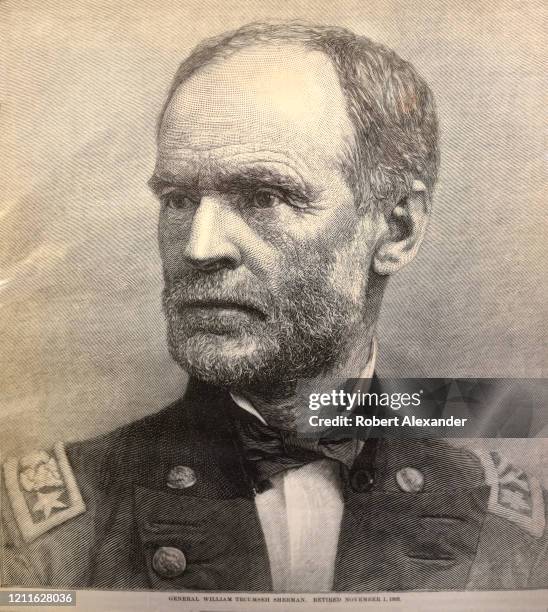 An engraved print of U.S. Civil War general William Tecumseh Sherman removed from an 1864 copy of Harper's Weekly for sale in an antique shop in...