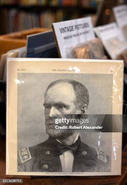 An engraved print of U.S. Civil War general William Tecumseh Sherman removed from an 1864 copy of Harper's Weekly for sale in an antique shop in...