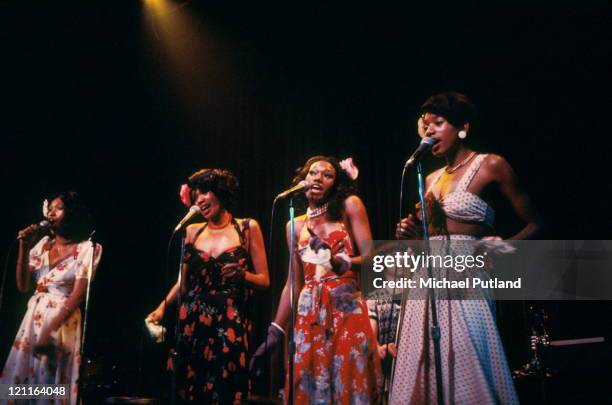 Pointer Sisters perform on stage, Londom, 1974.