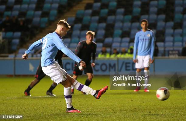 Cole Palmer of Manchester City scores their sixth goal from the penalty spot during the Premier League Cup Final between Manchester City and Stoke...