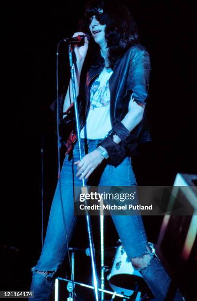 Joey Ramone of The Ramones performs on stage at The Roundhouse, London, 4th July 1976.