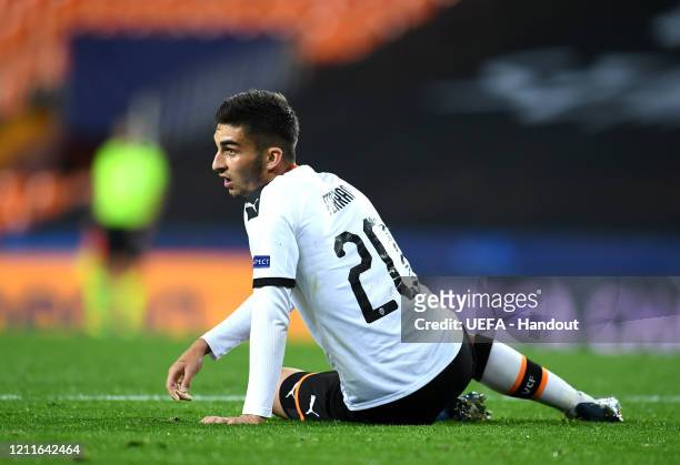 In this handout image provided by UEFA, Ferran Torres of Valencia reacts during the UEFA Champions League round of 16 second leg match between...