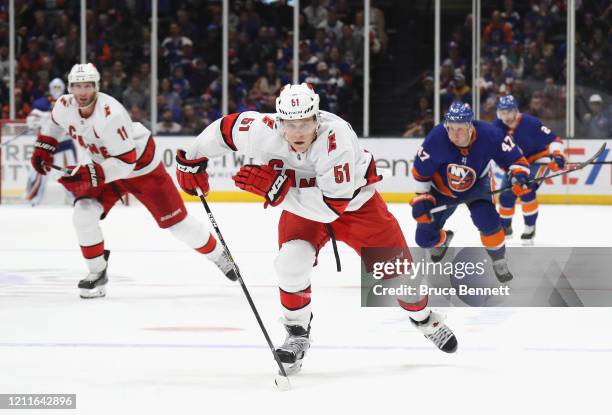 Jake Gardiner of the Carolina Hurricanes skates against the New York Islanders at NYCB Live's Nassau Coliseum on March 07, 2020 in Uniondale, New...