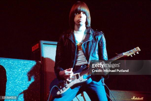 Johnny Ramone of The Ramones performs on stage at The Roundhouse, London, 4th July 1976.