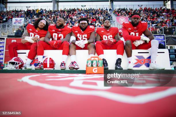 Defenders players pose for a photo during the XFL game against the St. Louis BattleHawks at Audi Field on March 8, 2020 in Washington, DC.