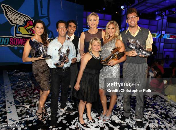 Host Jane Lynch and Lauren Potter poses with finalists Taryn Guerrero Davis, Adam Lowy, Mark Kabban, winner Sarah Cronk and David Schwartz at the...