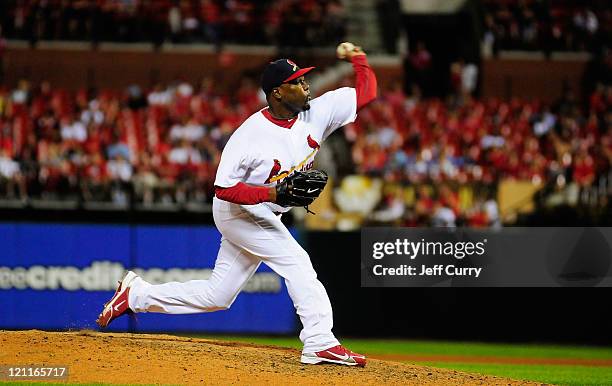 Arthur Rhodes of the St. Louis Cardinals throws to a Colorado Rockies batter at Busch Stadium on August 14, 2011 in St. Louis, Missouri.