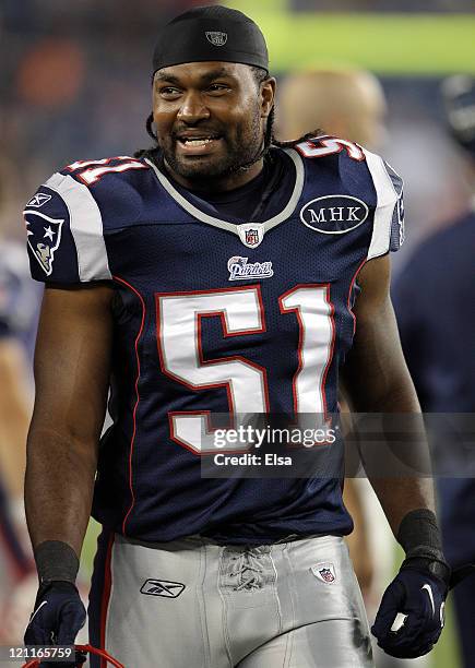 Jerod Mayo of the New England Patriots looks on from the sideline during the game against the Jacksonville Jaguars on August 11, 2011 at Gillette...