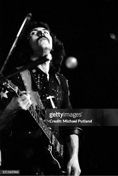 Tony Iommi of Black Sabbath performs on stage at the Royal Albert Hall, London on 17th February 1972.