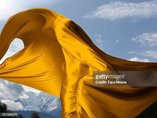 person covered in yellow material with mountains - materiale tessile foto e immagini stock