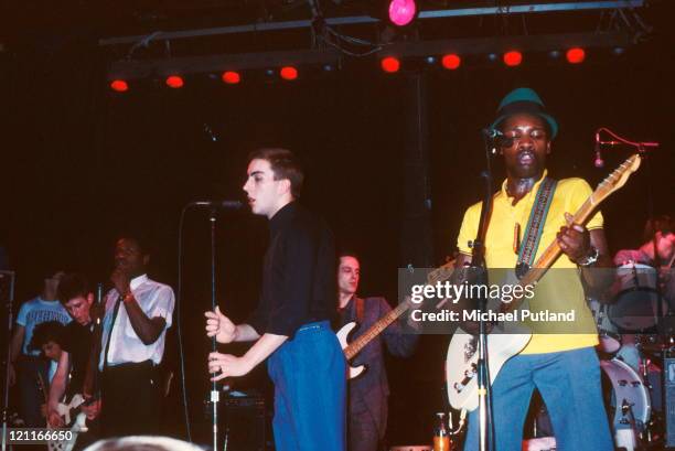 The Specials perform on stage, Los Angeles, March 1980, L-R Roddy 'Radiation' Byers, Lynval Golding, Terry Hall, Sir Horace Gentleman Panter, Neville...