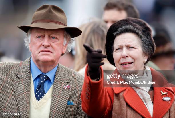 Andrew Parker-Bowles and Princess Anne, Princess Royal attend day 1 'Champion Day' of the Cheltenham Festival 2020 at Cheltenham Racecourse on March...