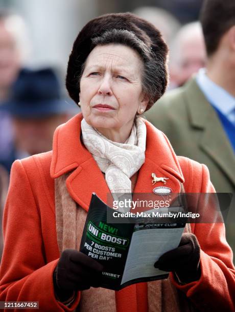 Princess Anne, Princess Royal attends day 1 'Champion Day' of the Cheltenham Festival 2020 at Cheltenham Racecourse on March 10, 2020 in Cheltenham,...