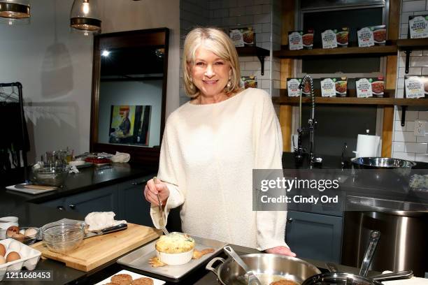 Martha Stewart prepares the Classic Beyond Breakfast Sausage with Spinach and Sweet Onion Frittata on March 10, 2020 in New York City.