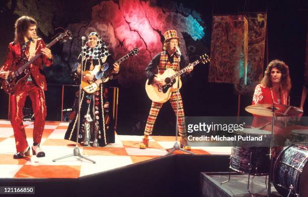 Slade, perform on BBC TV show Top Of The Pops, London L-R Jim Lea, Dave Hill, Noddy Holder, Don Powell.
