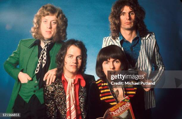 Slade, studio group portrait, London L-R Noddy Holder, Jim Lea, Dave Hill, Don Powell.