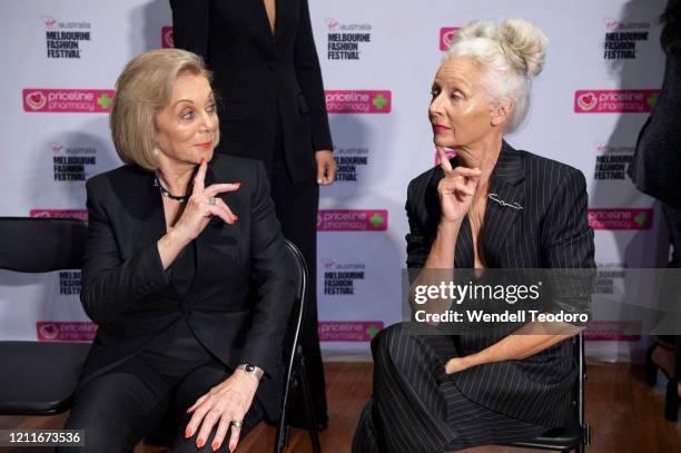 Ita Buttrose and Sarah Jane Adams pose backstage ahead of the Beauty Runway at Melbourne Fashion Festival on March 11, 2020 in Melbourne, Australia.