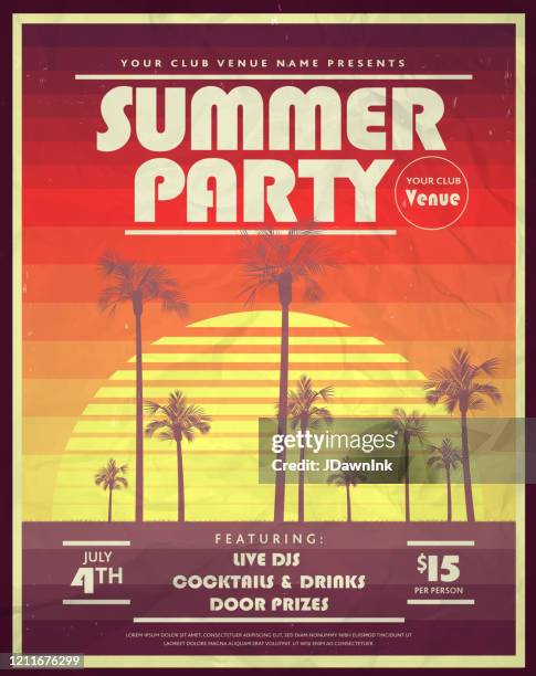 retro 80s summer party with palm trees and retro sun poster design templates - retro summer stock illustrations