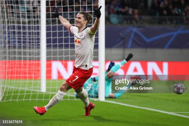 Marcel Sabitzer of Leipzig celebrates his team's second goal during the UEFA Champions League round of 16 second leg match between RB Leipzig and...